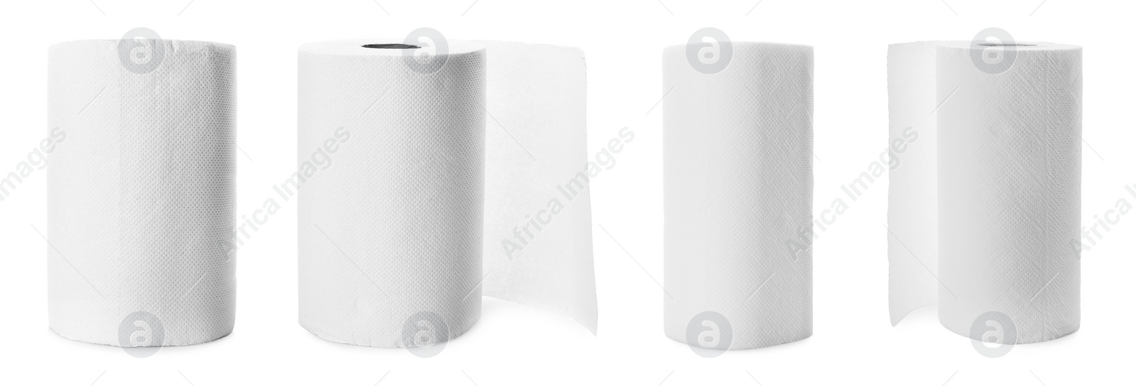 Image of Set with rolls of paper tissues isolated on white, banner design 