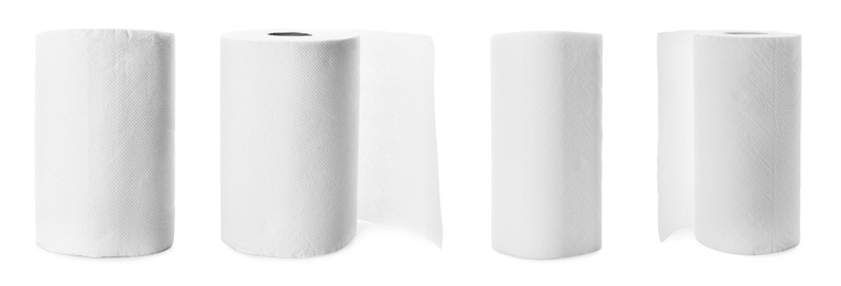 Image of Set with rolls of paper tissues isolated on white, banner design 