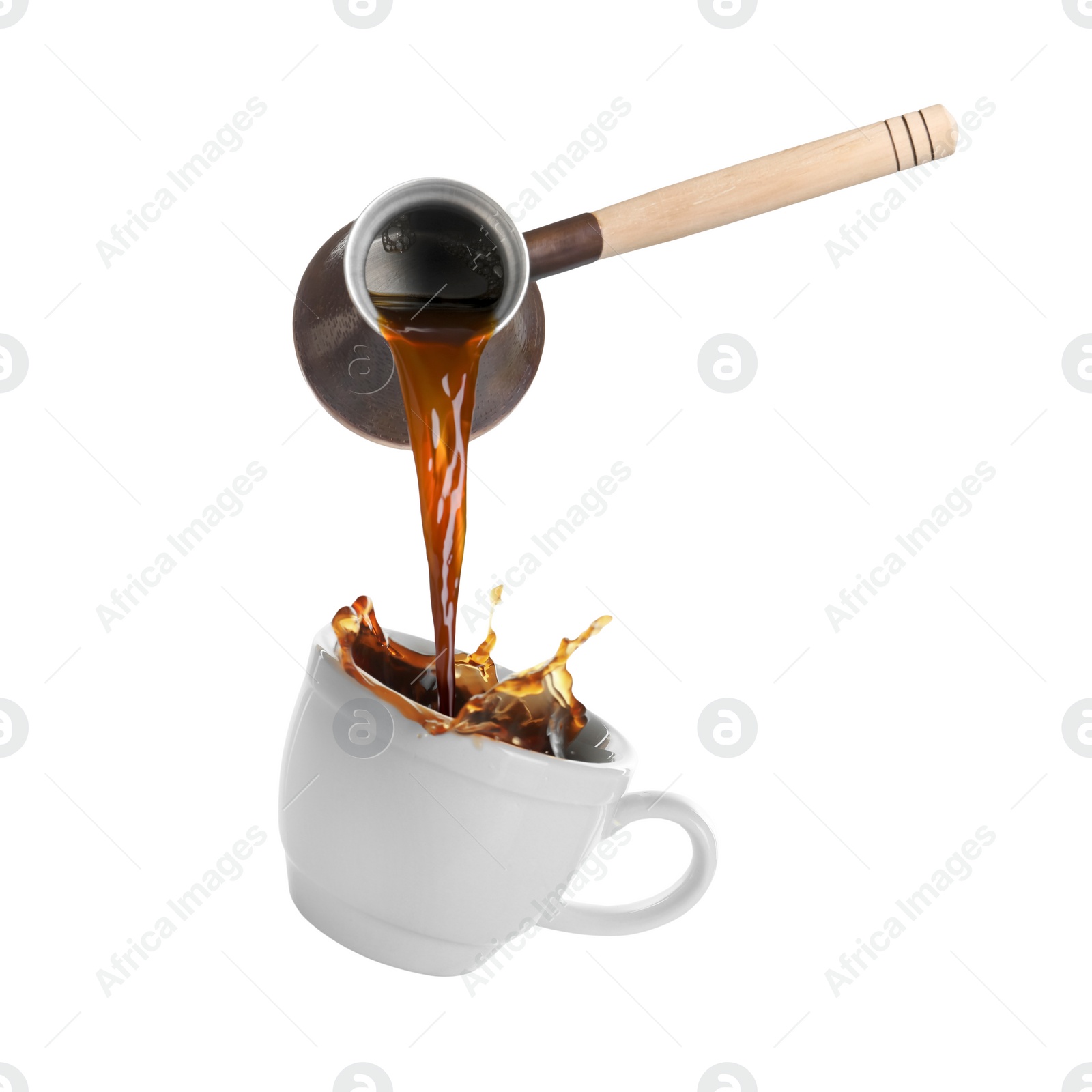 Image of Pouring freshly brewed aromatic coffee from turkish pot into cup. Objects in air on white background