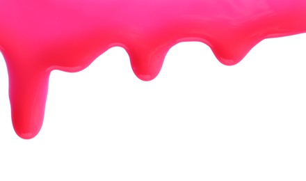 Photo of Bright pink nail polish flowing on white background