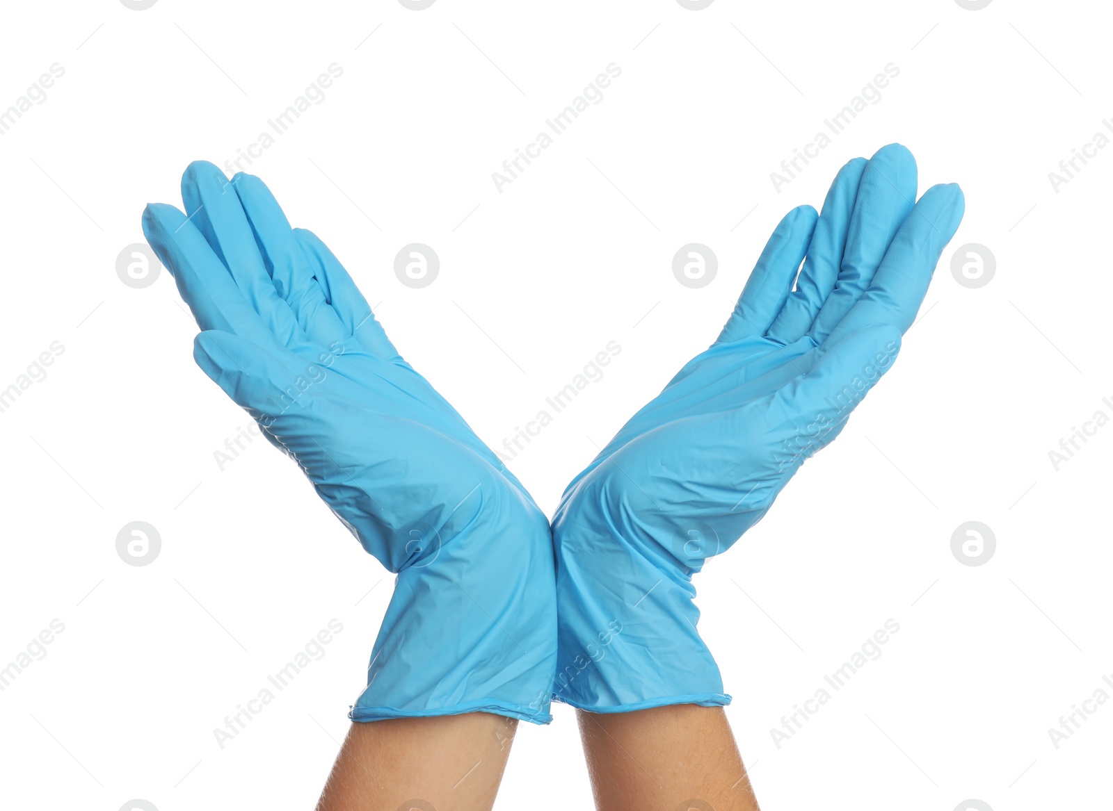 Photo of Doctor wearing medical gloves on white background, closeup