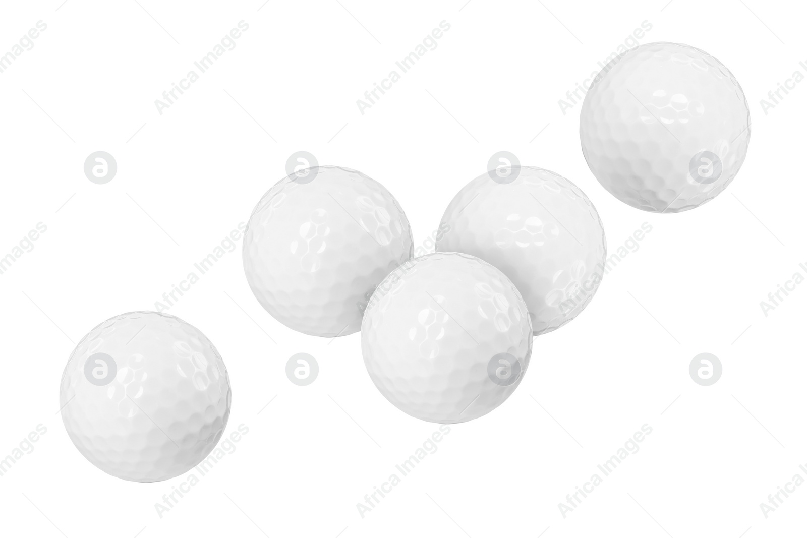 Image of Many golf balls flying on white background