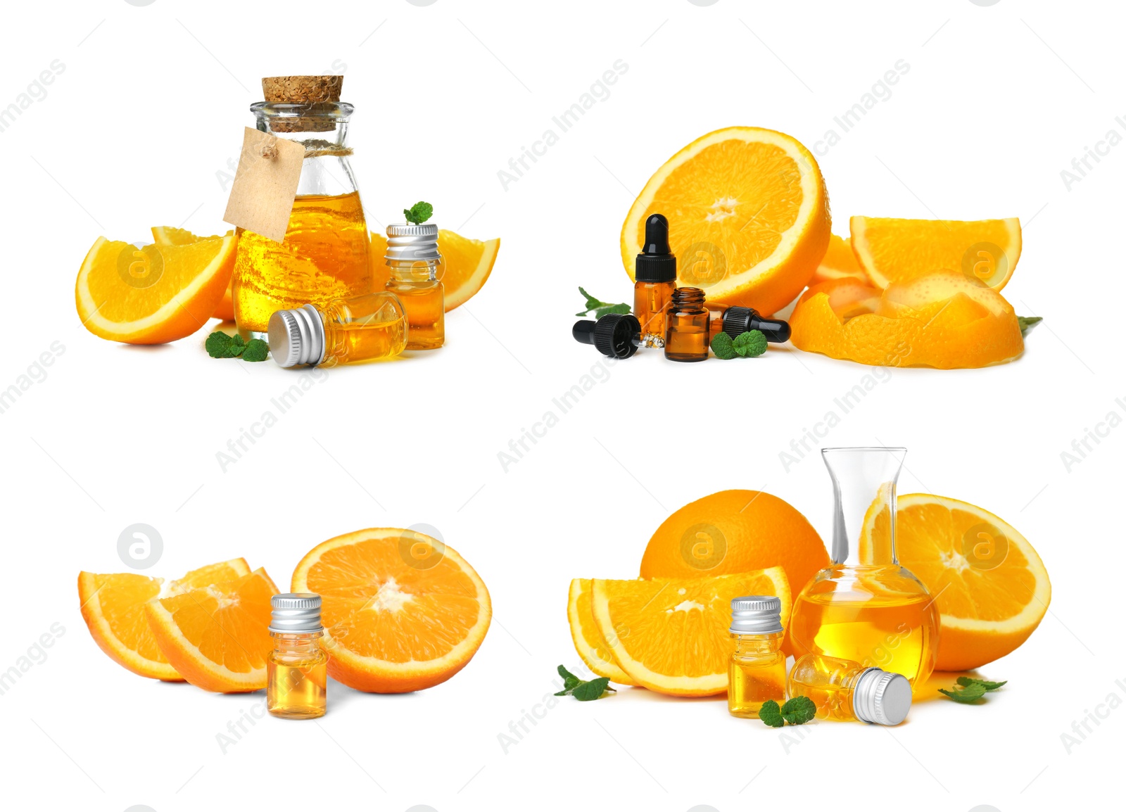 Image of Set with bottles of essential oils and fresh oranges on white background