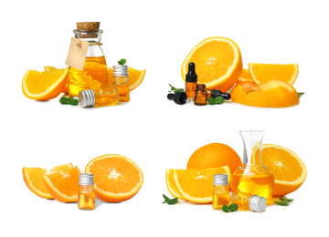 Image of Set with bottles of essential oils and fresh oranges on white background