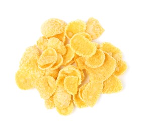 Photo of Pile of tasty cornflakes on white background, top view. Healthy breakfast cereal