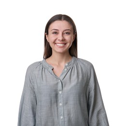 Photo of Portrait of happy young woman on white background. Personality concept