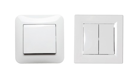 Image of Modern plastic light switches on white background, collage
