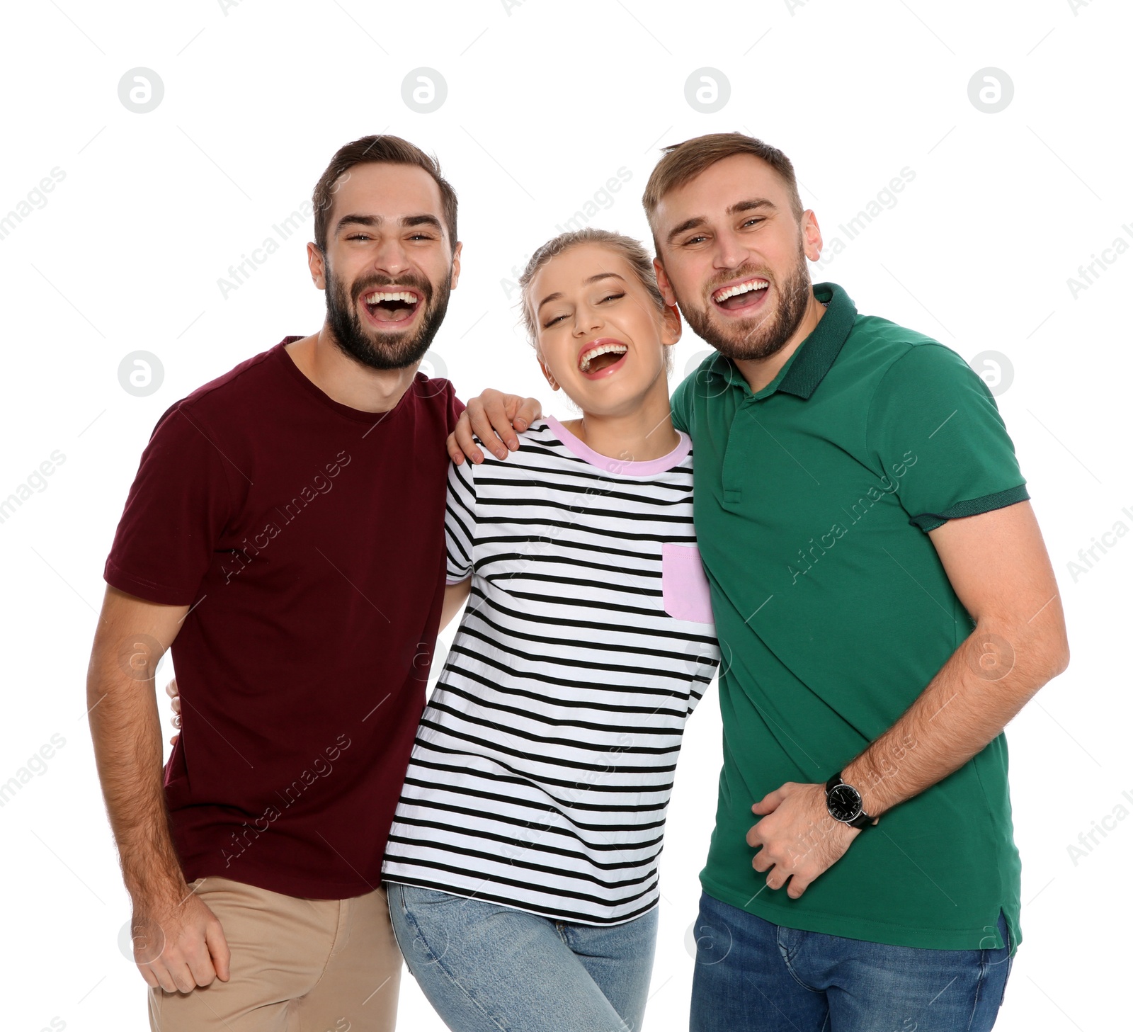 Photo of Portrait of young people laughing on white background