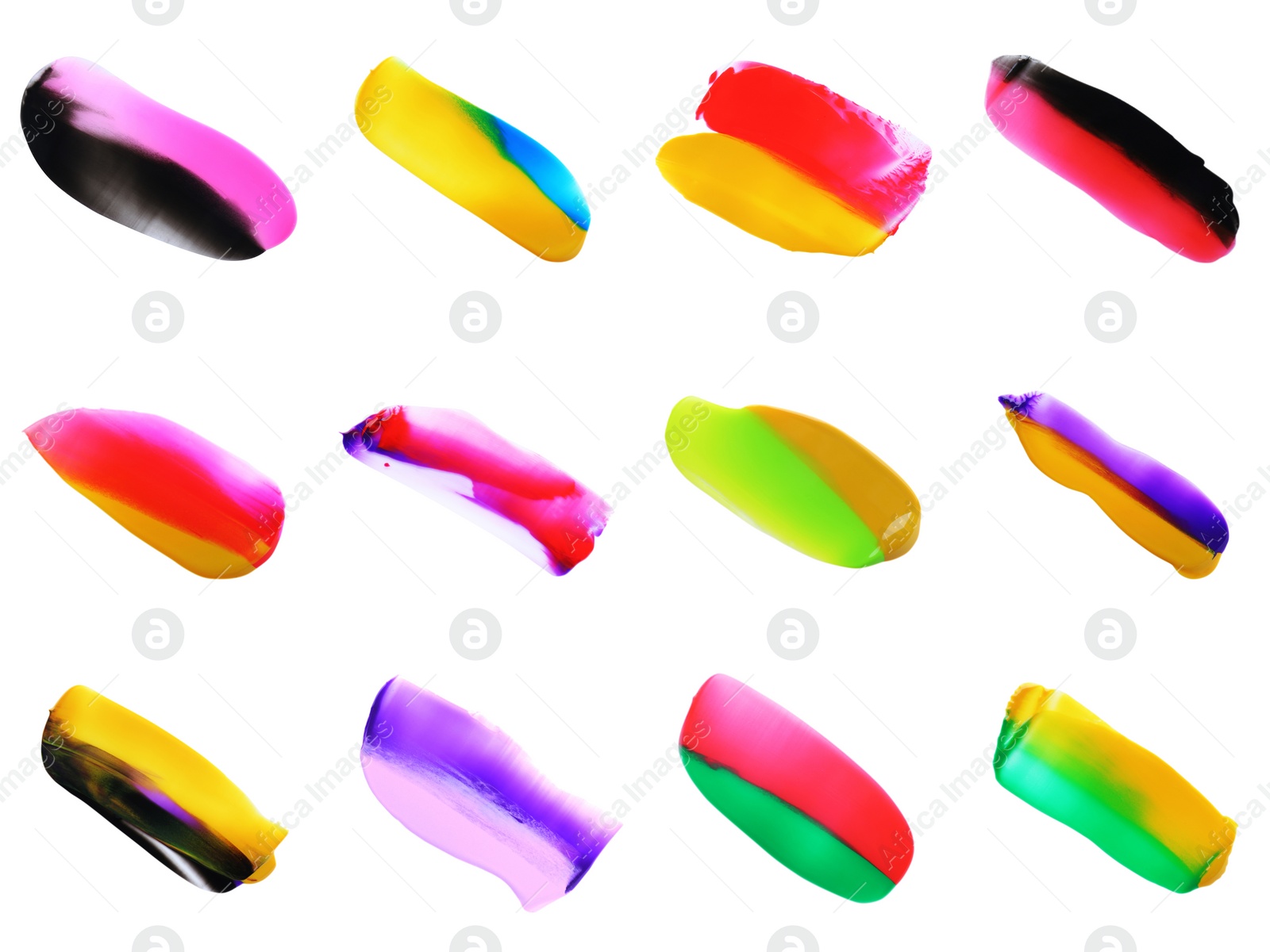 Image of Set with paint samples of different colors isolated on white, top view