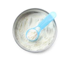 Photo of Can of powdered infant formula with scoop isolated on white, top view. Baby milk