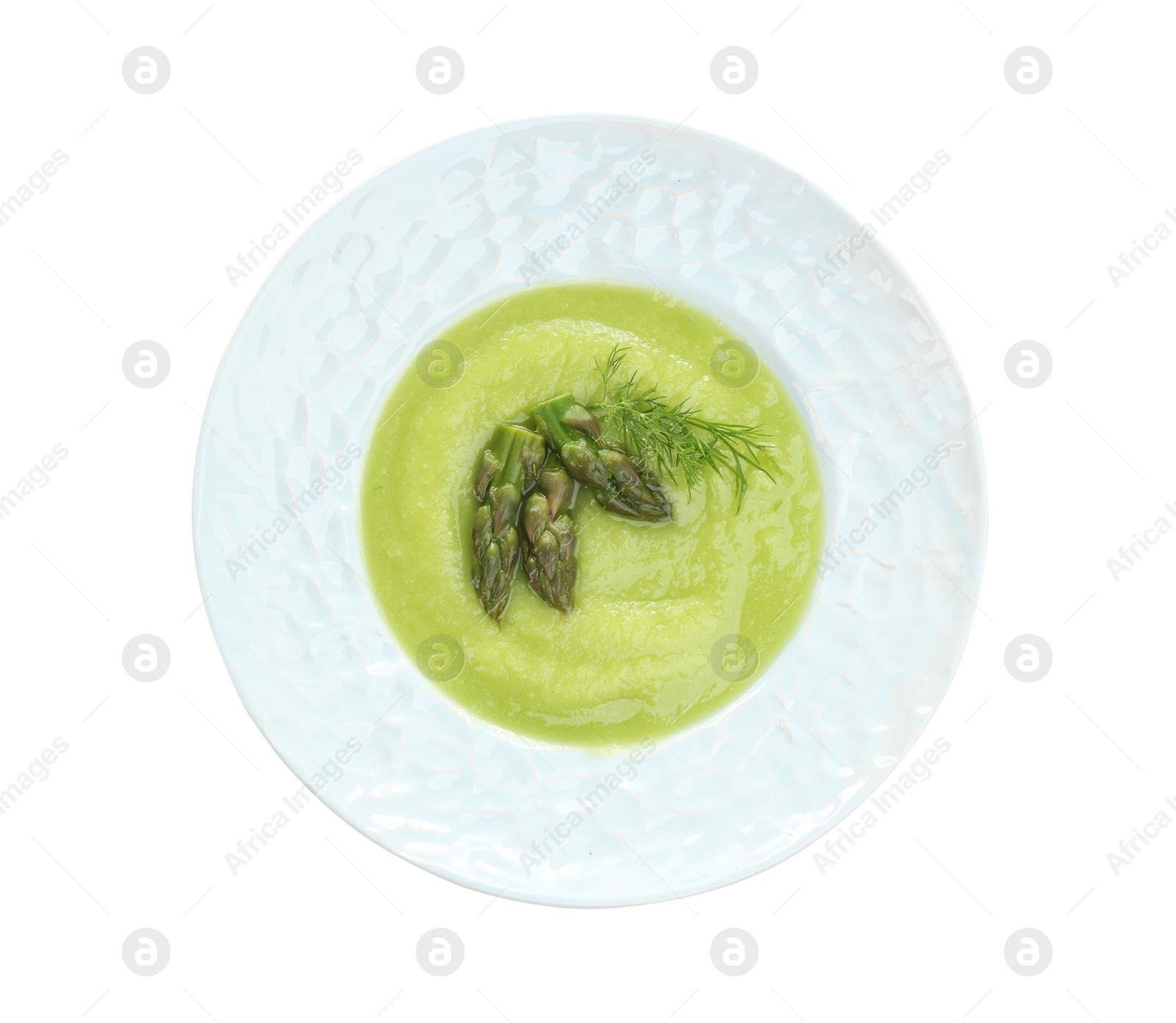 Photo of Delicious asparagus soup with dill isolated on white, top view