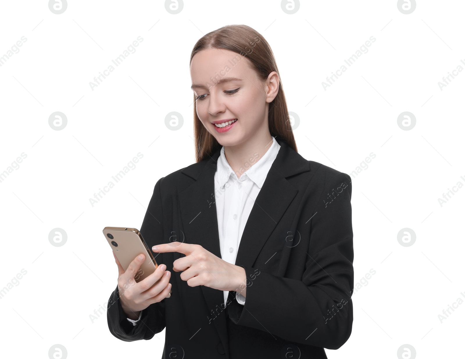 Photo of Woman sending message via smartphone isolated on white