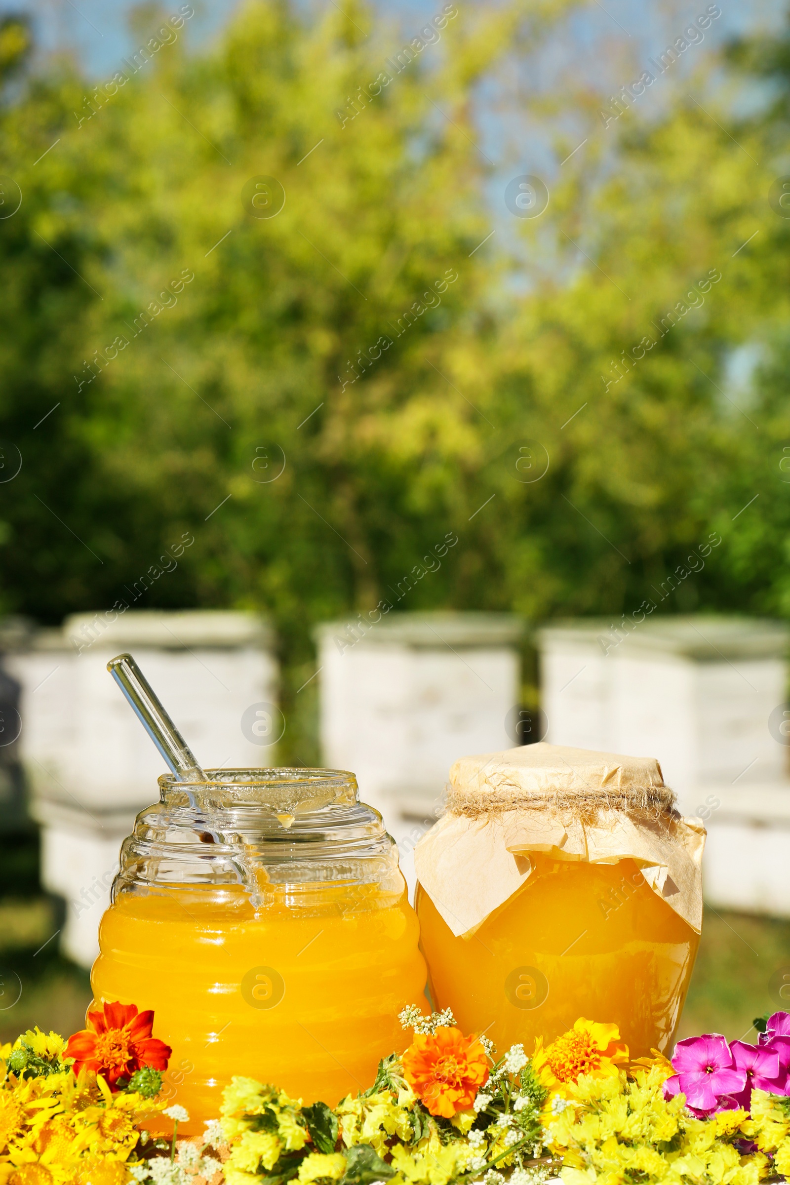 Photo of Delicious fresh honey and beautiful flowers on white wooden table in garden