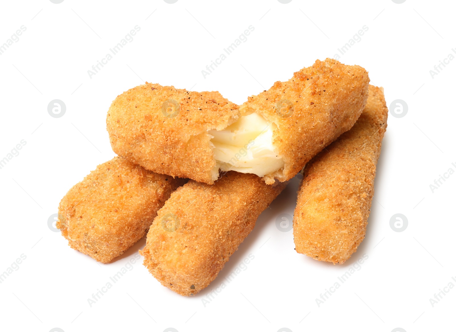 Photo of Tasty crispy cheese sticks on white background