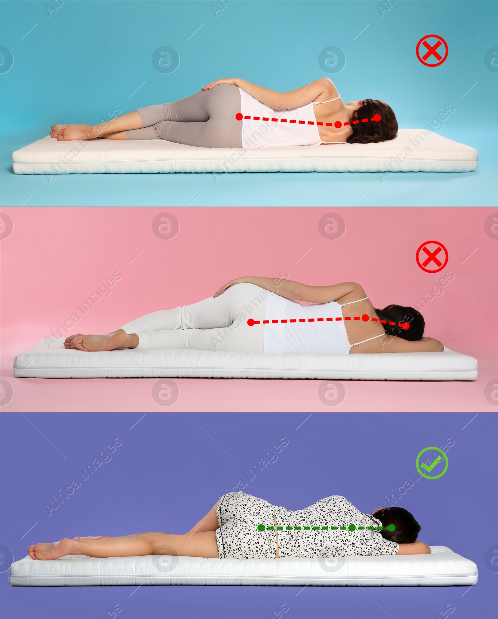 Image of Collage with photos of women lying on mattress. Wrong and correct sleeping posture. Choose right mattress