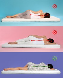 Collage with photos of women lying on mattress. Wrong and correct sleeping posture. Choose right mattress