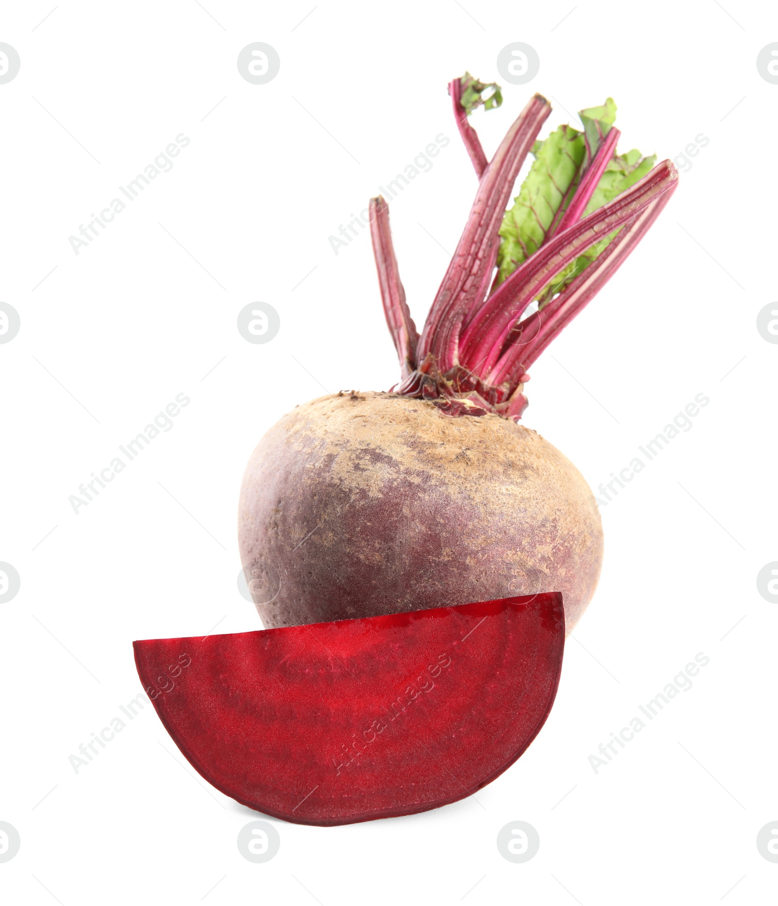 Photo of Whole and cut ripe beetroots on white background