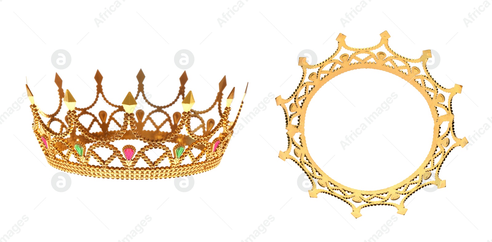 Image of Beautiful crown with gemstones on white background, side and top views