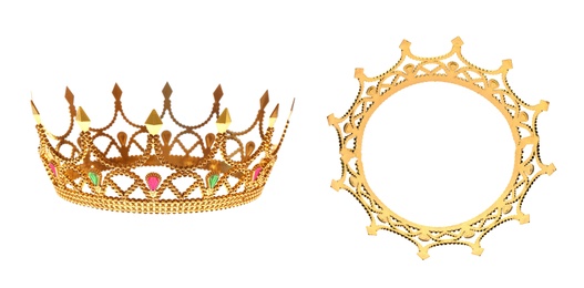 Image of Beautiful crown with gemstones on white background, side and top views