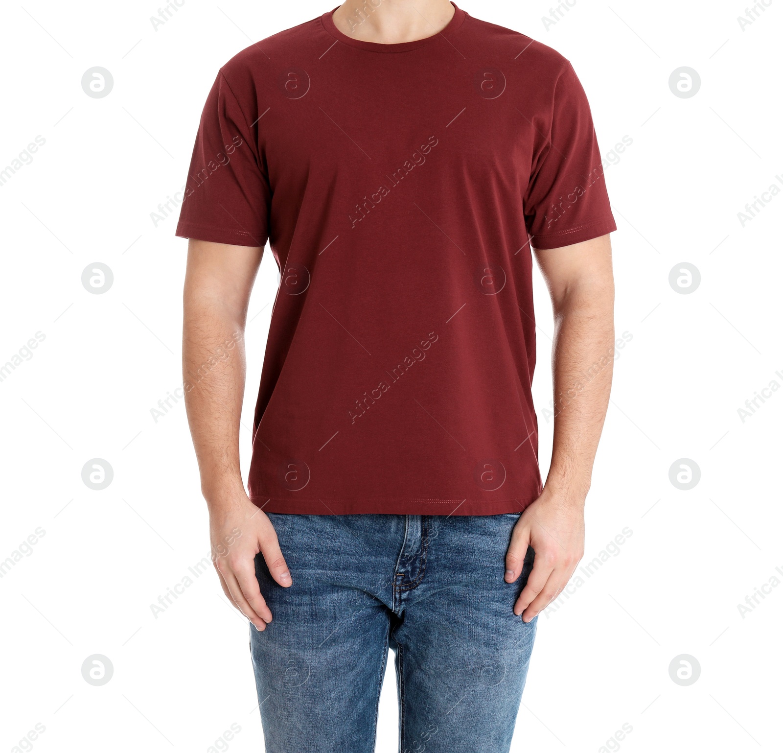 Photo of Young man on white background, closeup. Weight loss