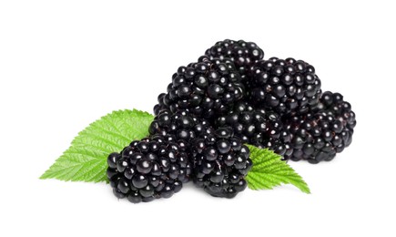 Photo of Pile of ripe blackberries with green leaves isolated on white