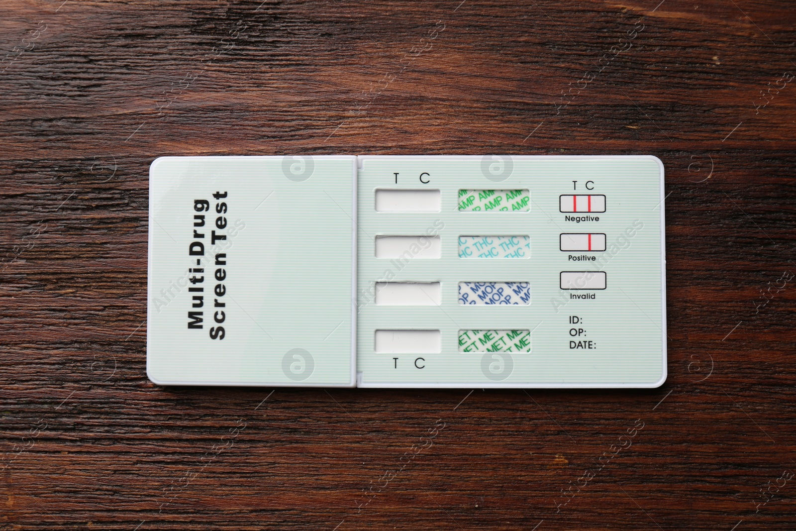 Photo of Multi-drug screen test on wooden table, top view