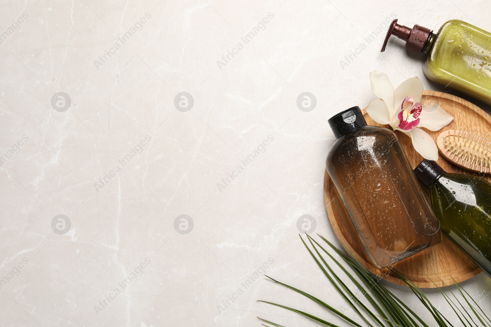 Photo of Wet shampoo bottles, hair brush and orchid flower on grey table, flat lay. Space for text