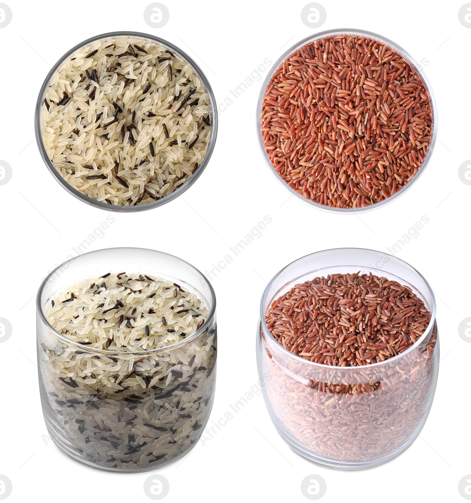 Image of Set with types of rice in jars on white background