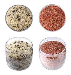 Set with types of rice in jars on white background