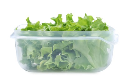 Fresh lettuce in plastic container isolated on white