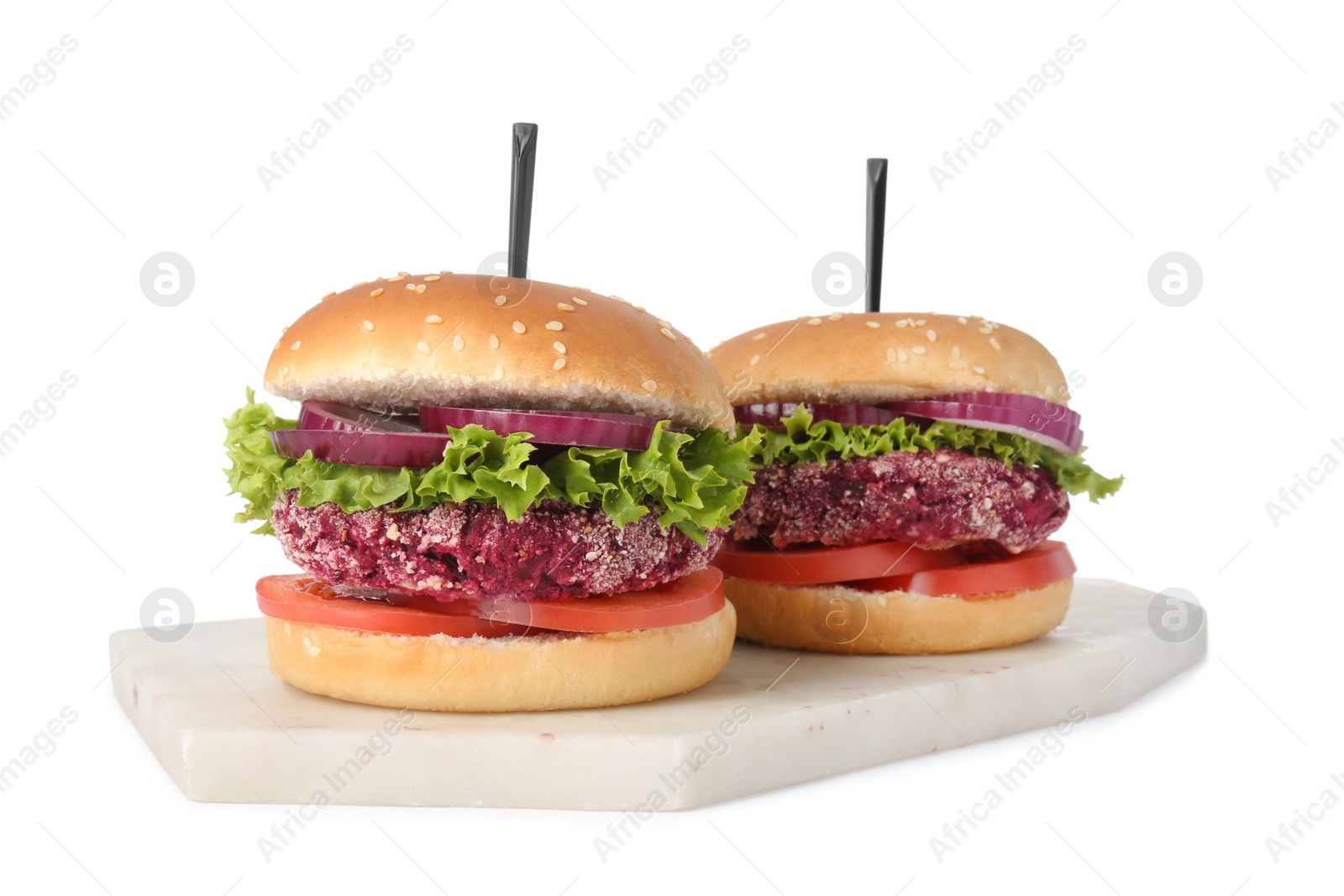 Photo of Tasty vegetarian burgers with beet patties isolated on white