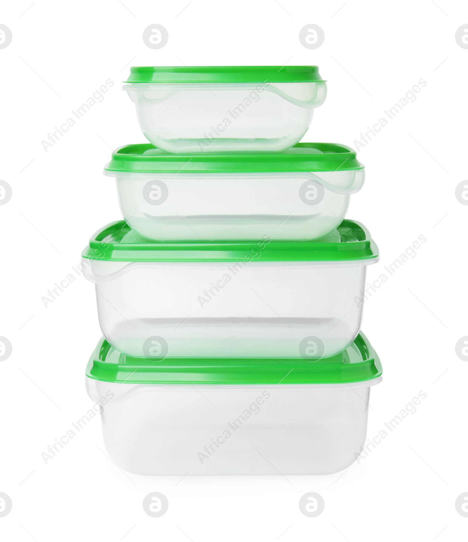 Photo of Empty plastic containers on white background. Food storage