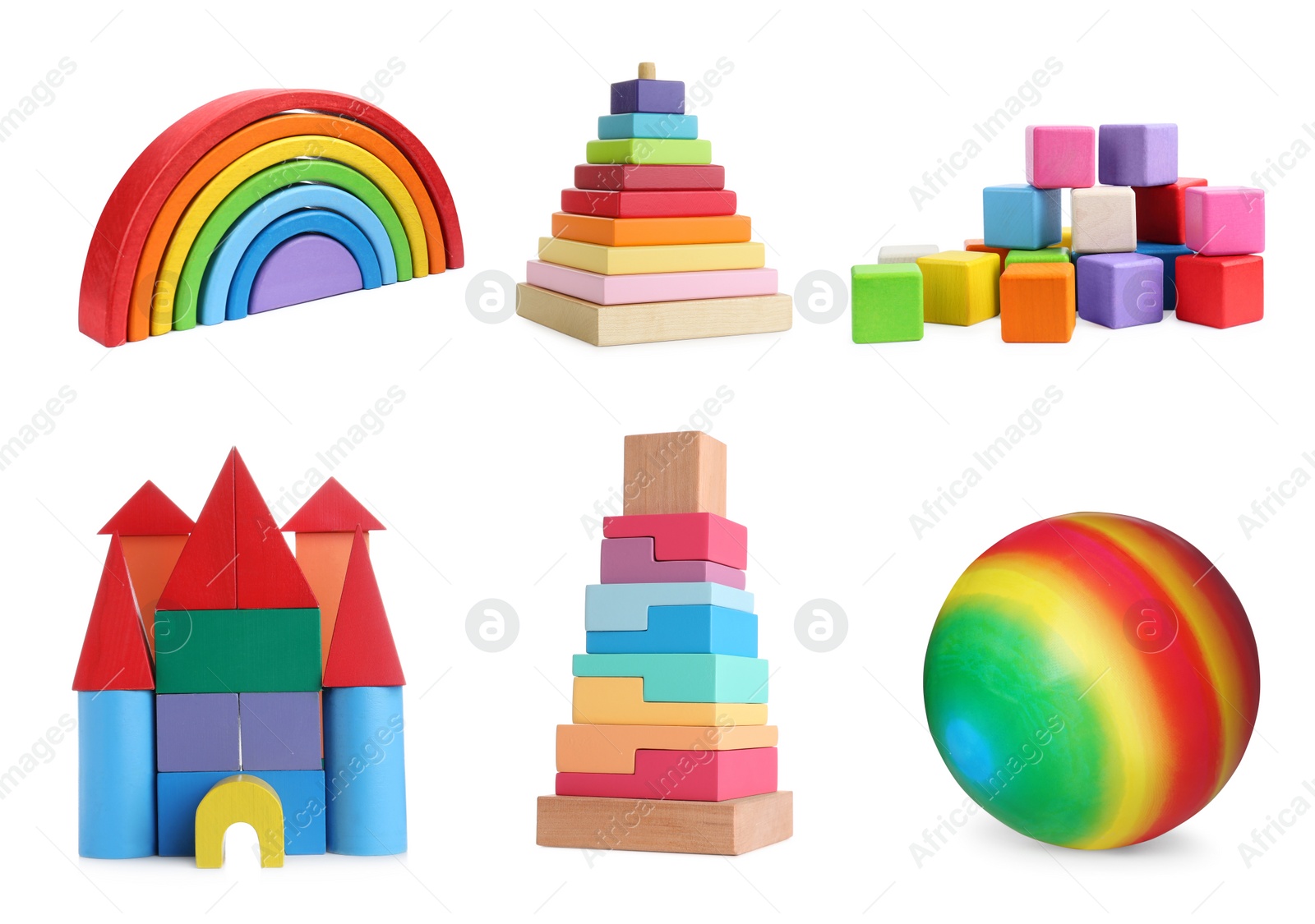 Image of Set with different bright toys isolated on white