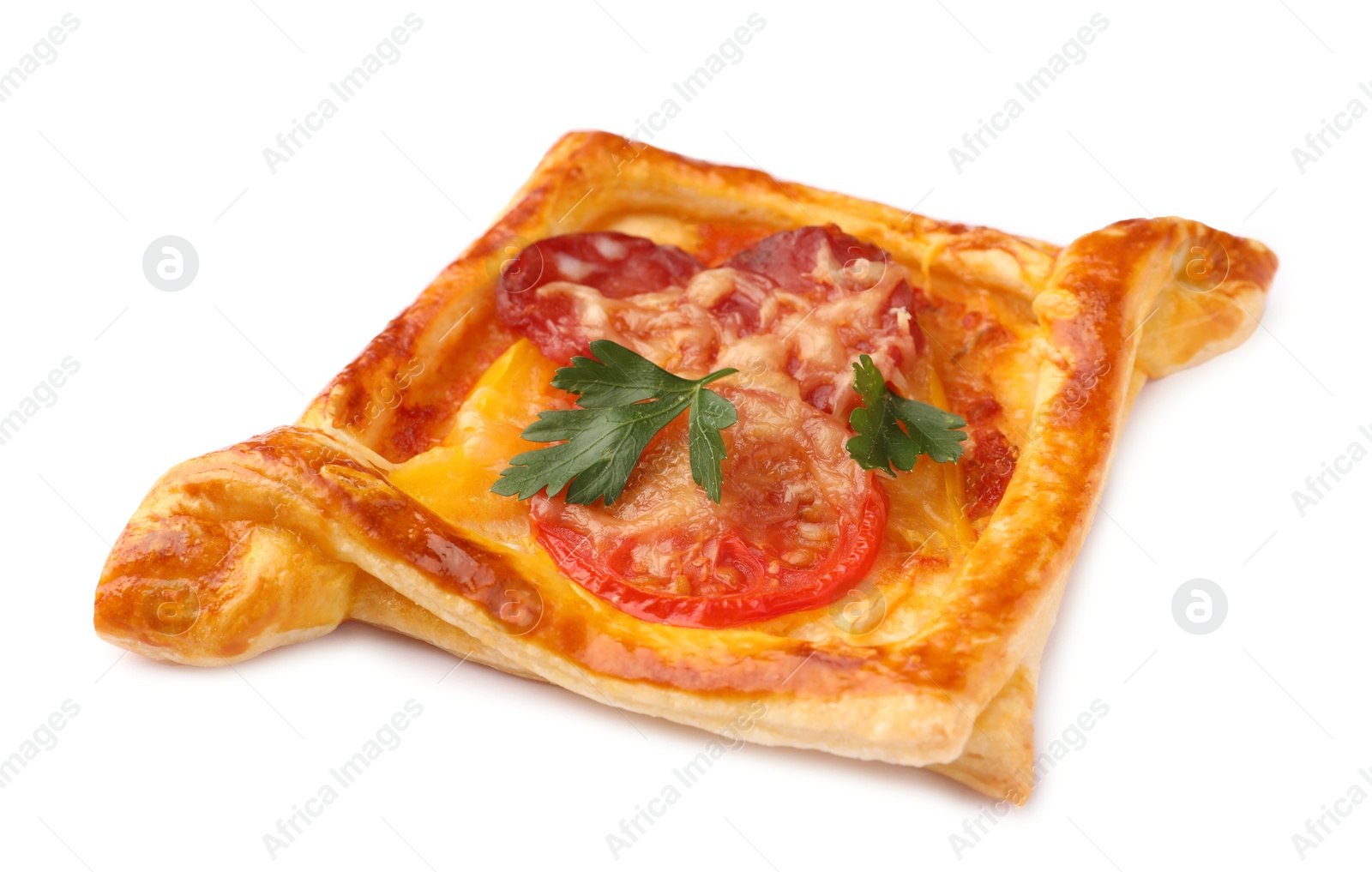 Photo of Fresh delicious puff pastry with cheese, tomatoes and parsley on white background, closeup