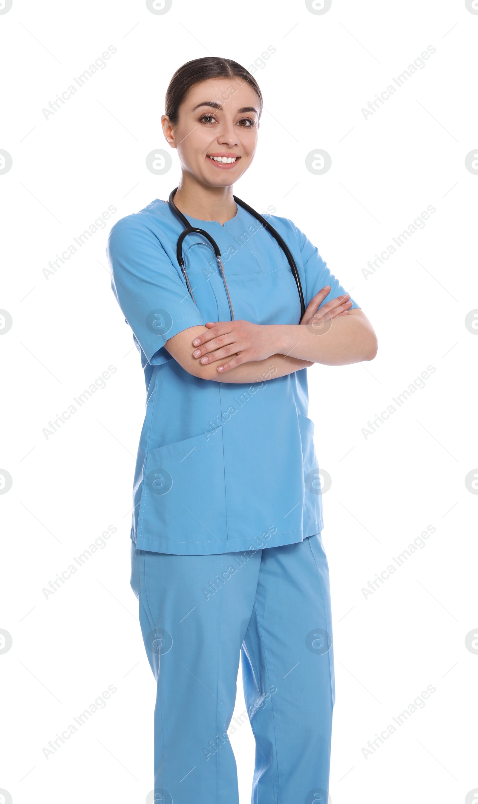 Photo of Portrait of medical doctor with stethoscope isolated on white