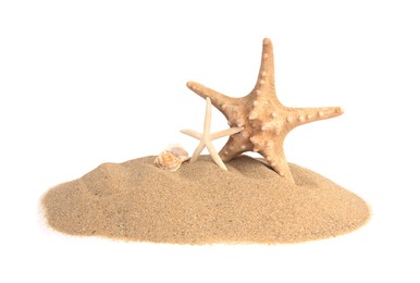 Photo of Beautiful sea stars and seashell in sand isolated on white