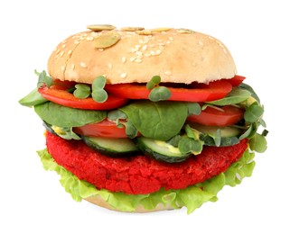 Tasty vegan burger with vegetables, patty and microgreens isolated on white