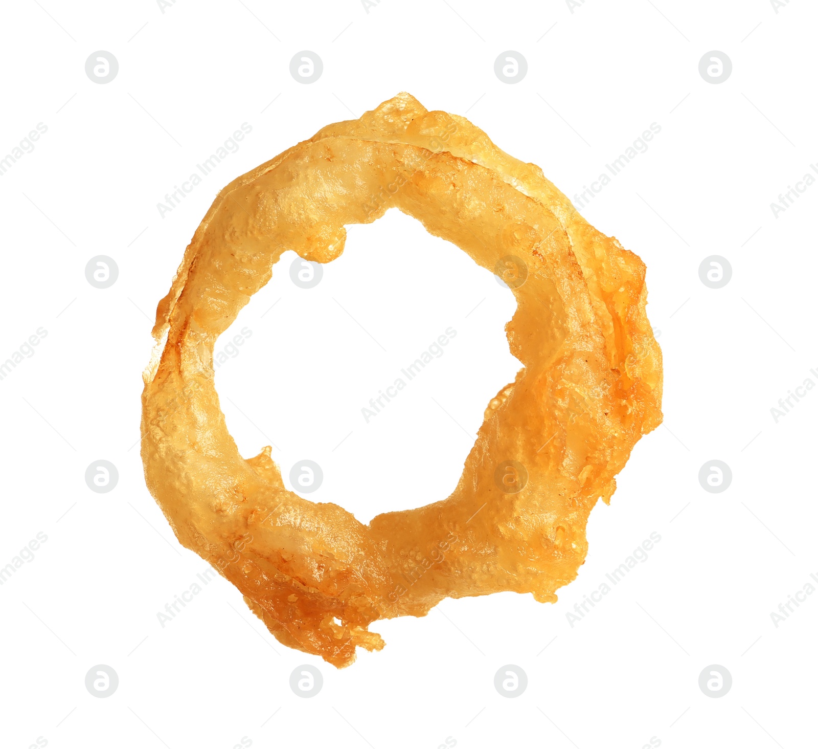 Photo of Delicious golden breaded and deep fried crispy onion ring on white background