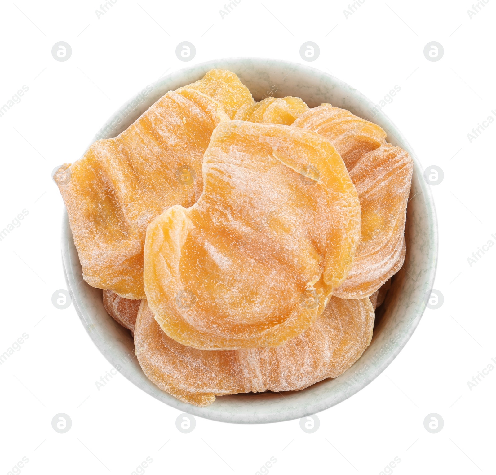 Photo of Delicious dried jackfruit slices in bowl isolated on white, top view