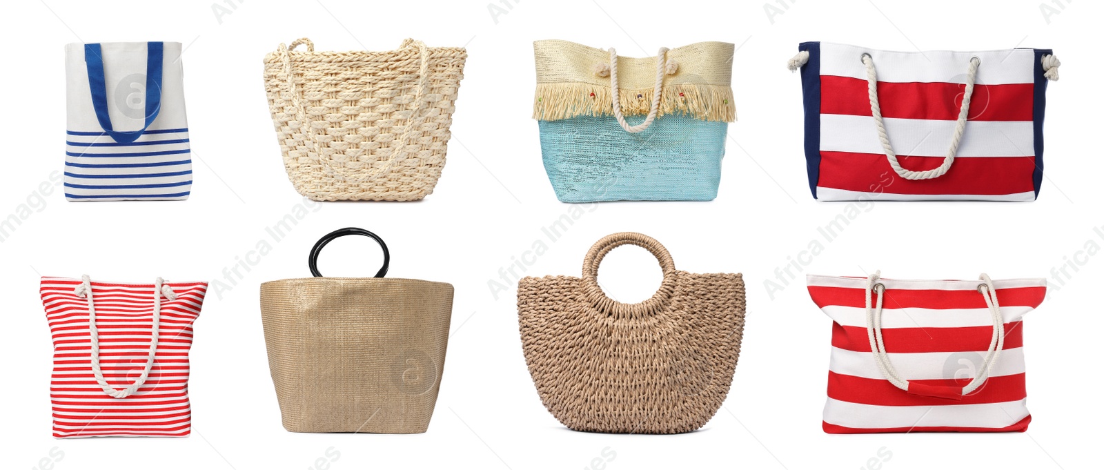 Image of Set with different stylish beach bags on white background. Banner design