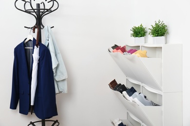 Shoe cabinet with footwear in room. Storage ideas