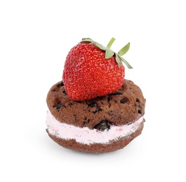 Photo of Sweet delicious ice cream cookie sandwich and strawberry on white background