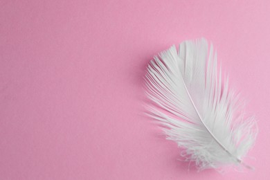 Photo of Fluffy white feather on pink background, top view. Space for text