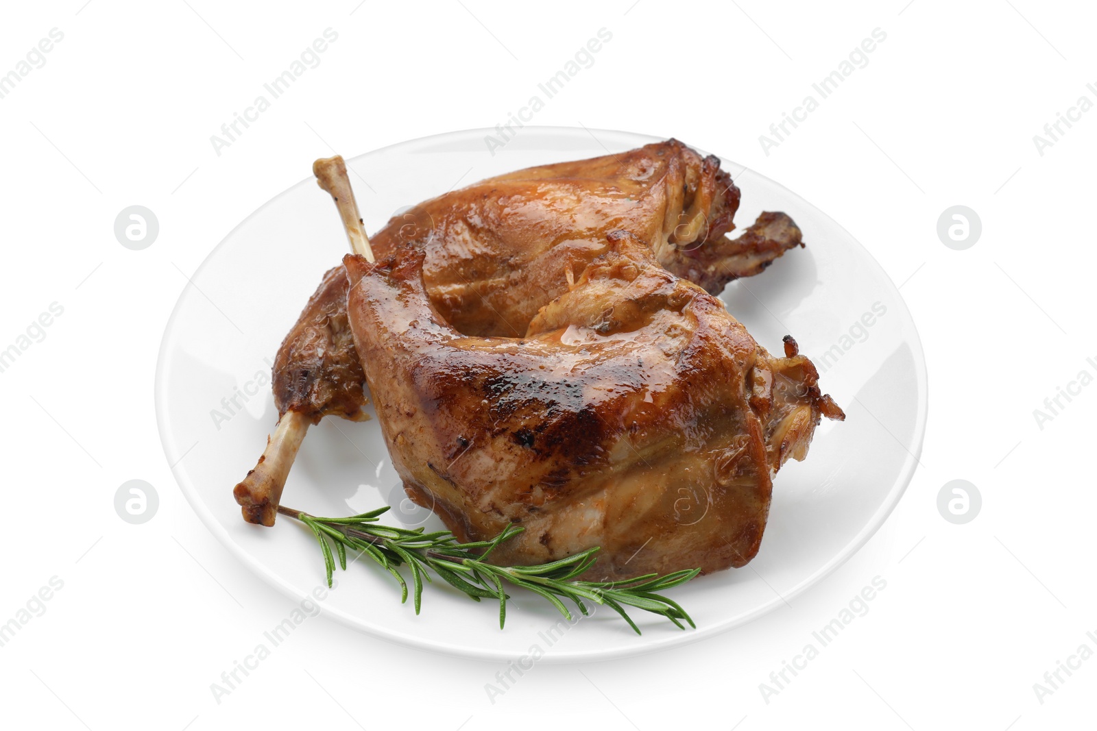 Photo of Tasty cooked rabbit meat with rosemary isolated on white