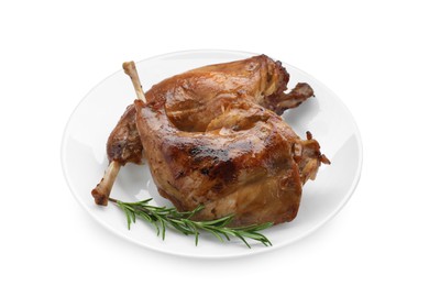 Photo of Tasty cooked rabbit meat with rosemary isolated on white