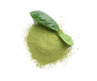Photo of Pile of green matcha powder and fresh leaves isolated on white, top view