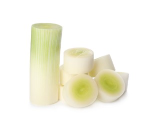 Sliced fresh raw leek on white background