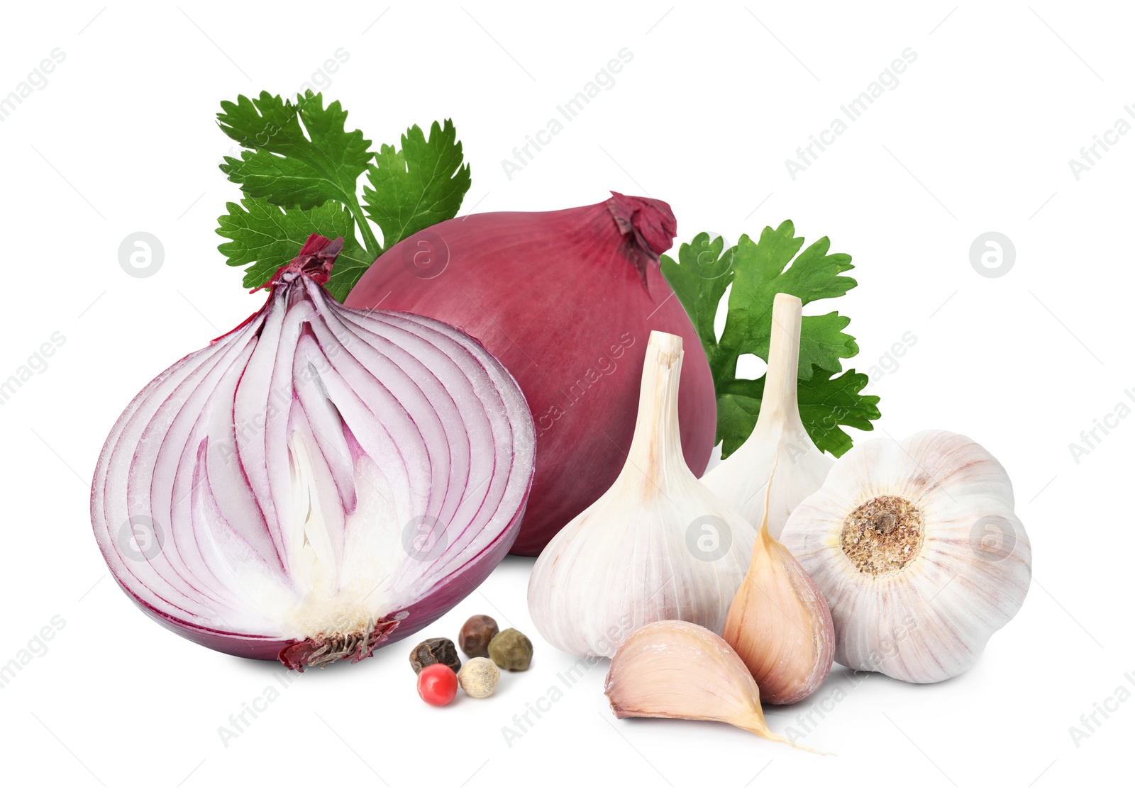 Image of Red onions, coriander, mixed peppercorns, garlic bulbs and cloves on white background