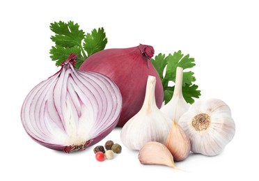 Image of Red onions, coriander, mixed peppercorns, garlic bulbs and cloves on white background