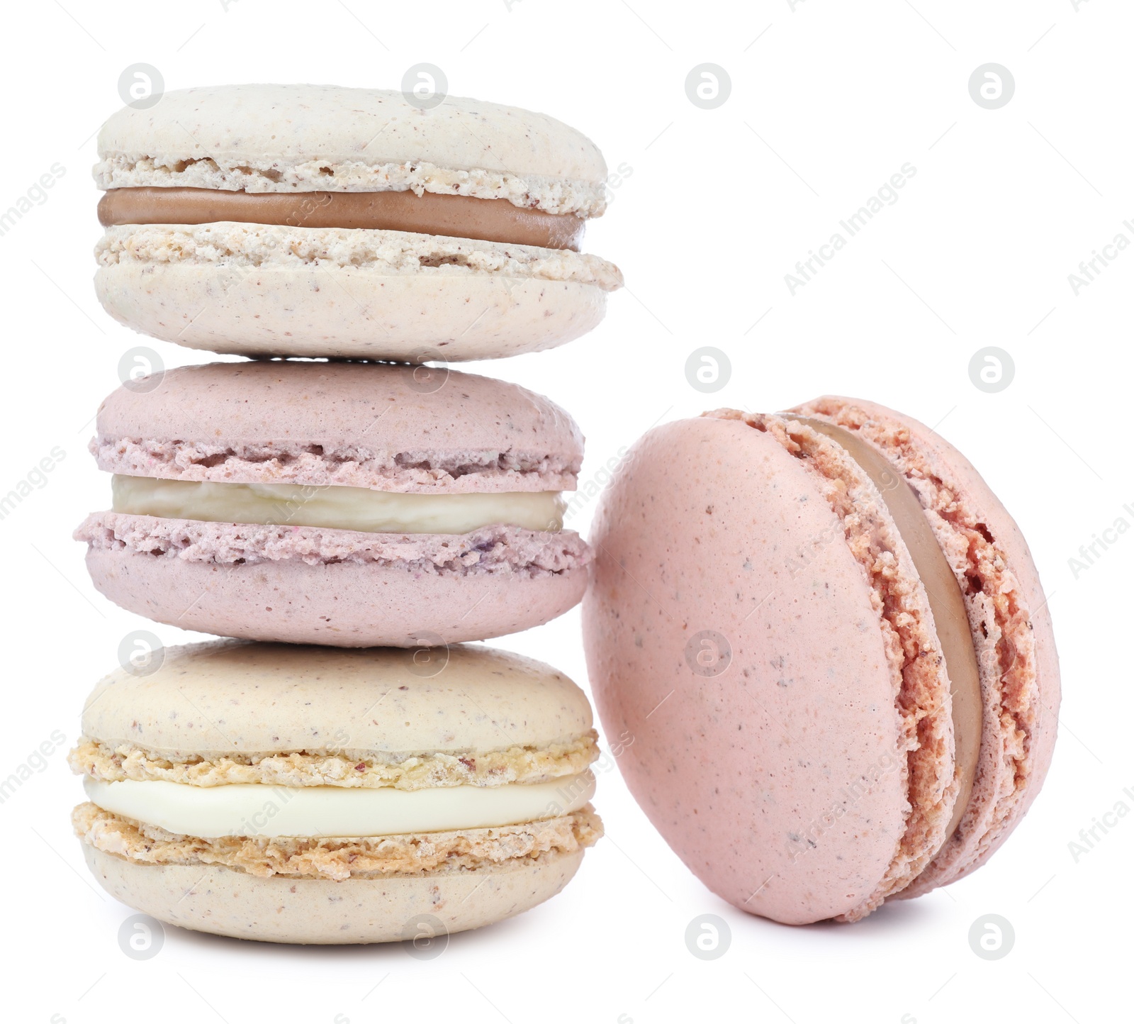 Photo of Different delicious colorful macarons on white background